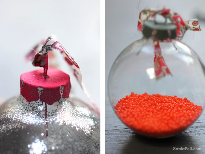 Glitter and bead Christmas baubles by Sania Pell