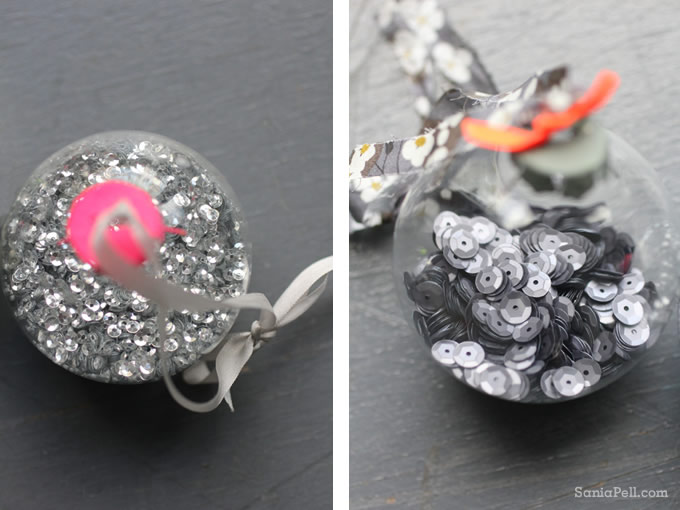 Homemade neon sparkle baubles by Sania Pell