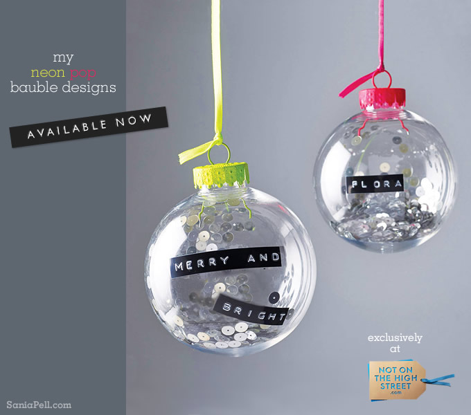Neon pop baubles available at Notonthehighstreet.com, design by Sania Pell